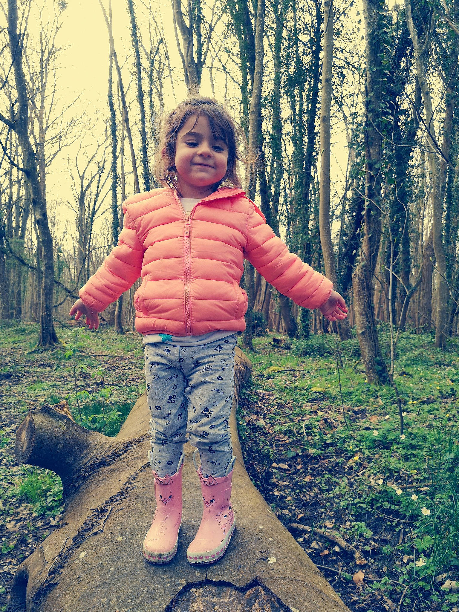 Gina participe au concours pour gagner de l'argent avec cette photo : child, forest, fun, grass, happy, jeans, joy, leaf, people_in_nature, person, photograph, photography, plant, play, smile, spring, standing, toddler, tree, trunk