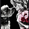 affection, black_and_white, bouquet, close_up, collar, cute, dog, face, flowers, hair, interaction, love, outdoor, pet, portrait, profile, roses, smile, sunglasses, woman