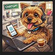 Msson joined the competition — help win amazing prizes! dog, yorkshire_terrier, cartoon, illustration, headset, laptop, smartphone, openai_logo, coffee, tongue_out, collar, paw, couch, living_room, desk, books, sign, cute, portrait, cheerful