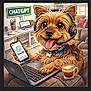 dog, yorkshire_terrier, cartoon, illustration, headset, laptop, smartphone, openai_logo, coffee, tongue_out, collar, paw, couch, living_room, desk, books, sign, cute, portrait, cheerful