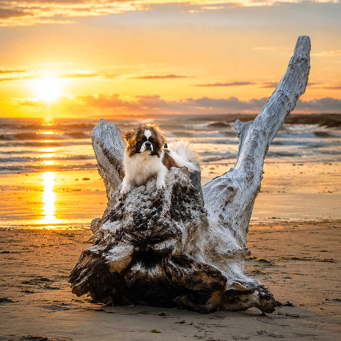 Alaska participe au concours pour gagner de l'argent avec cette photo : dog, beach, sunset, driftwood, ocean, sand, waves, sky, clouds, sun, reflection, nature, outdoor, animal, pet, fur, coast, scenic, landscape, peaceful