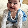 baby, child, smile, headband, bow, denim_overalls, white_shirt, crawling, carpet, indoor, cute, happy, person, infant, hands, feet, face, expression, young_child, adorable
