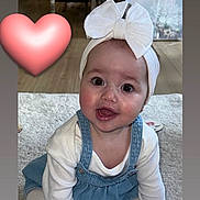Darcy joined the competition — help win amazing prizes! baby, child, smiling, indoor, carpet, headband, bow, denim_dress, white_socks, cute, happy, infant, toddler, portrait, hands, feet, floor, heart_emoji, person, young