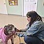 dog, canine, pet, person, woman, denim_jacket, leash, sweater, waiting_room, veterinary_clinic, floor, door, brochure_rack, kneeling, interaction, senior_dog, indoor, portrait, smiling, affection