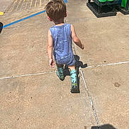 Karson joined the competition — help win amazing prizes! toddler, child, back_view, blue_romper, rain_boots, shark_pattern, sidewalk, concrete, sunny_day, outdoor, cleaning_supplies, plastic_bottles, parking_lot, shadow, walking, casual_clothing, short_hair, daylight, young_child, person