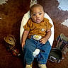 baby, belt, boots, brown_shirt, chair, child, comfortable, cowboy_boots, cowhide_rug, curious, cute, decor, fashion, footwear, indoor, infant, jeans, person, portrait, sitting