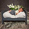 newborn, baby, bed, pillow, blanket, flowers, white_flowers, wood_floor, rug, gray_bed, infant, sleeping, portrait, indoor, cozy, soft_lighting, cute, peaceful, child, small_bed