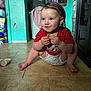toddler, child, indoor, floor, grape, red_shirt, diaper, squatting, smiling, cute, baby, tile_floor, hair_wet, expression, person, furniture, laundry_basket, backpack, household, room