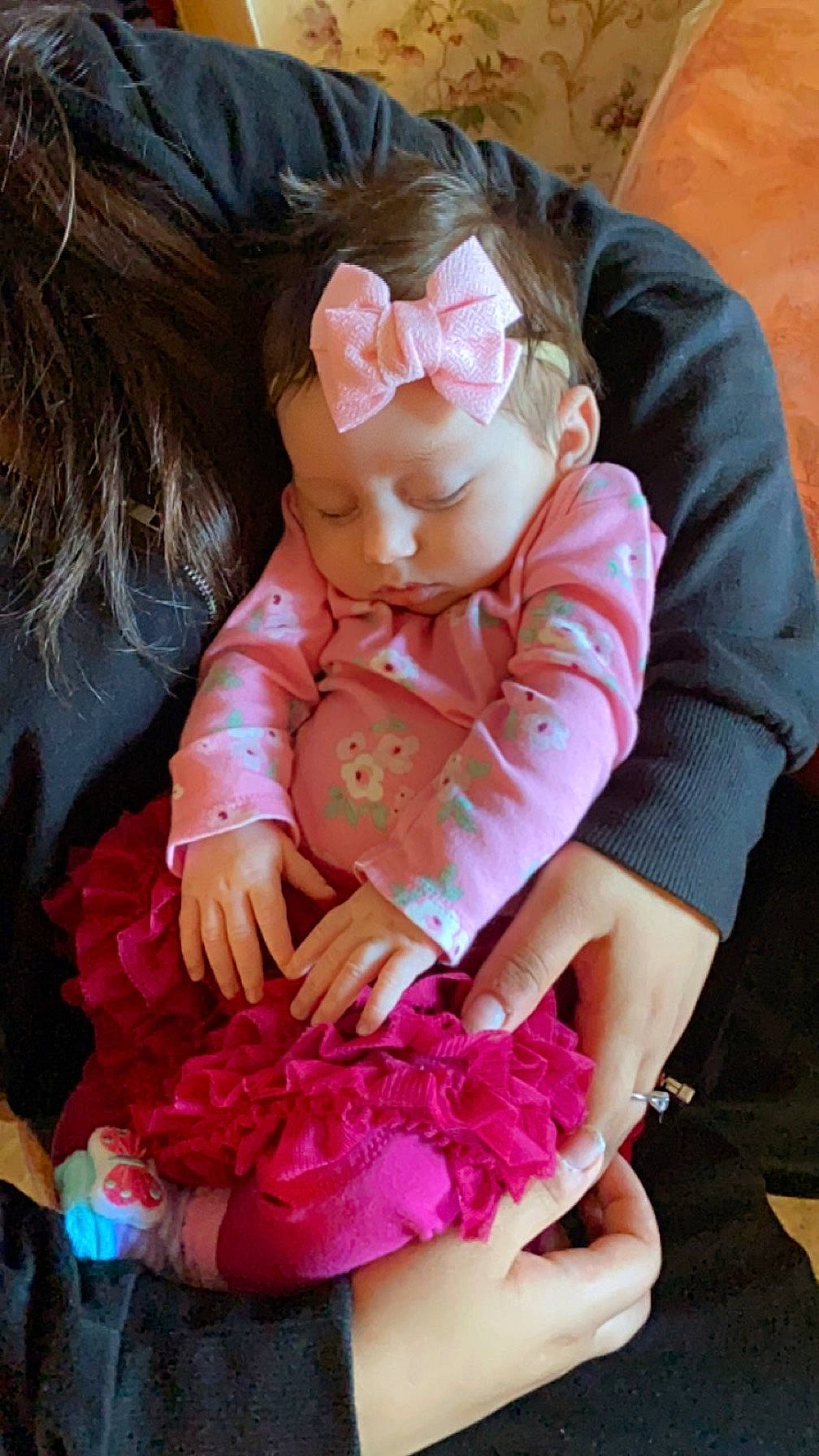 Athena joined the competition — help win amazing prizes! baby, baby_toddler_clothing, child, comfort, costume, doll, embellishment, eyewear, fur, happy, lap, magenta, peach, person, pink, ruffle, sitting, sleeve, stuffed_toy, textile