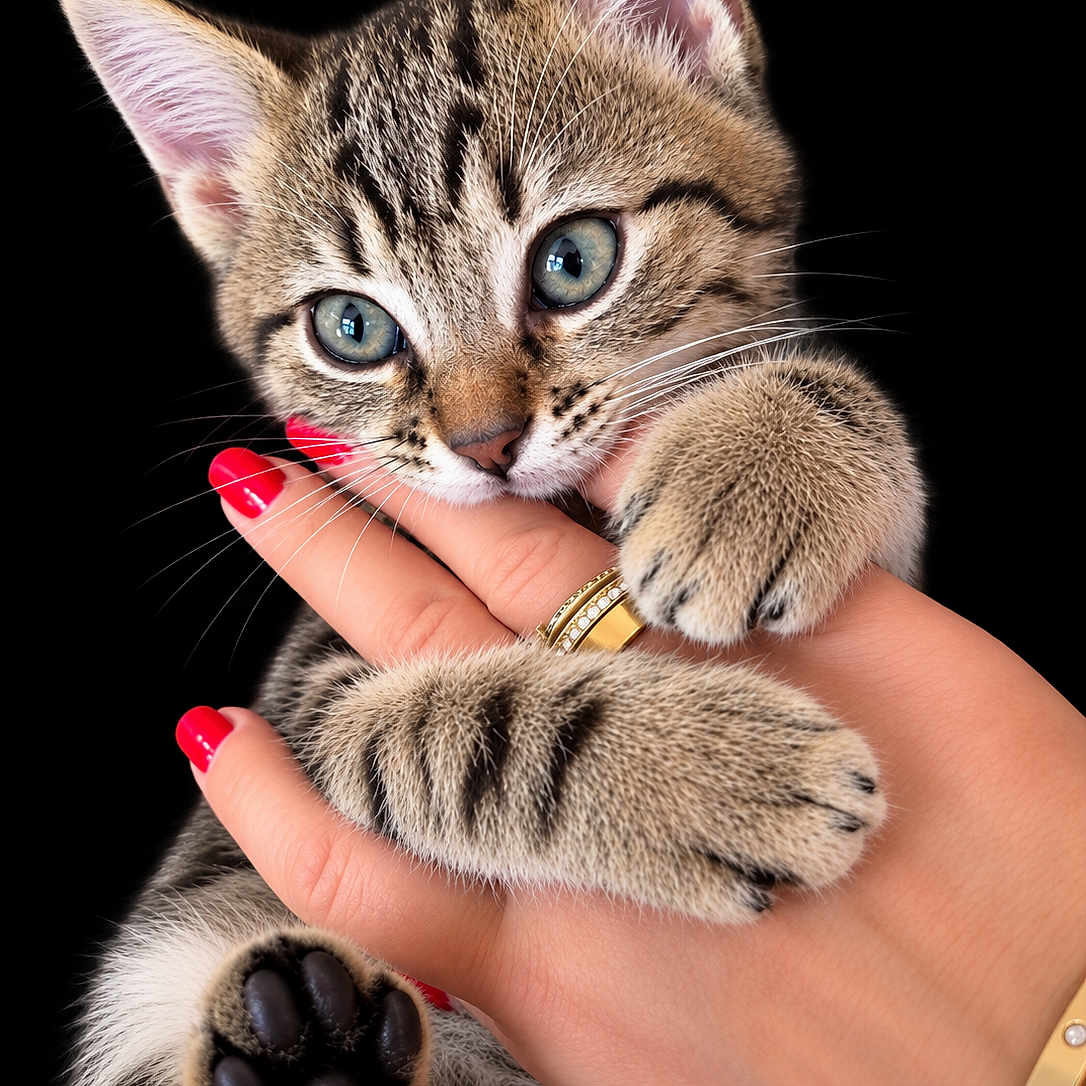 Luna participe au concours pour gagner de l'argent avec cette photo : cat, kitten, tabby, animal, pet, paw, paws, toe_beans, whiskers, blue_eyes, fur, striped, cute, adorable, hand, manicure, red_nails, jewelry, black_background, portrait
