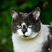 Maya participe au concours pour gagner de l'argent avec cette photo : alert, animal, background_blur, black_and_white, calm, cat, close_up, cute, domestic_cat, ears, face, feline, fur, green_eyes, mammal, nature, outdoor, pet, portrait, whiskers
