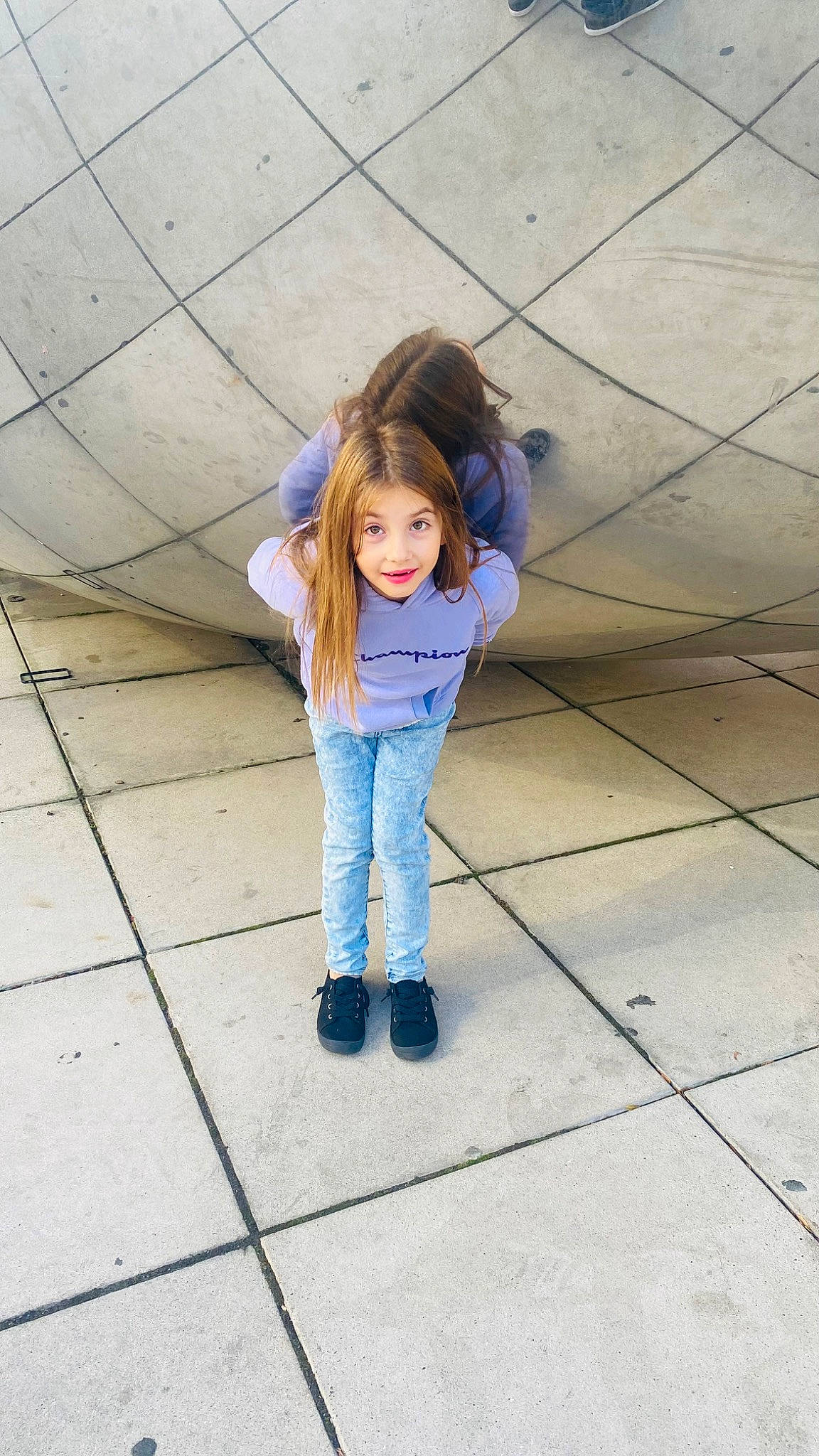 Lexi joined the competition — help win amazing prizes! denim, electric_blue, floor, flooring, fun, hair, happy, human_leg, jeans, joy, leg, leisure, outerwear, person, public_space, road_surface, sidewalk, skin, standing, toddler