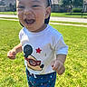toddler, child, smiling, laughing, outdoor, grass, sunny, cap, tshirt, mickey_mouse, pants, stars, shoes, happy, cute, person, daylight, suburb, background, portrait