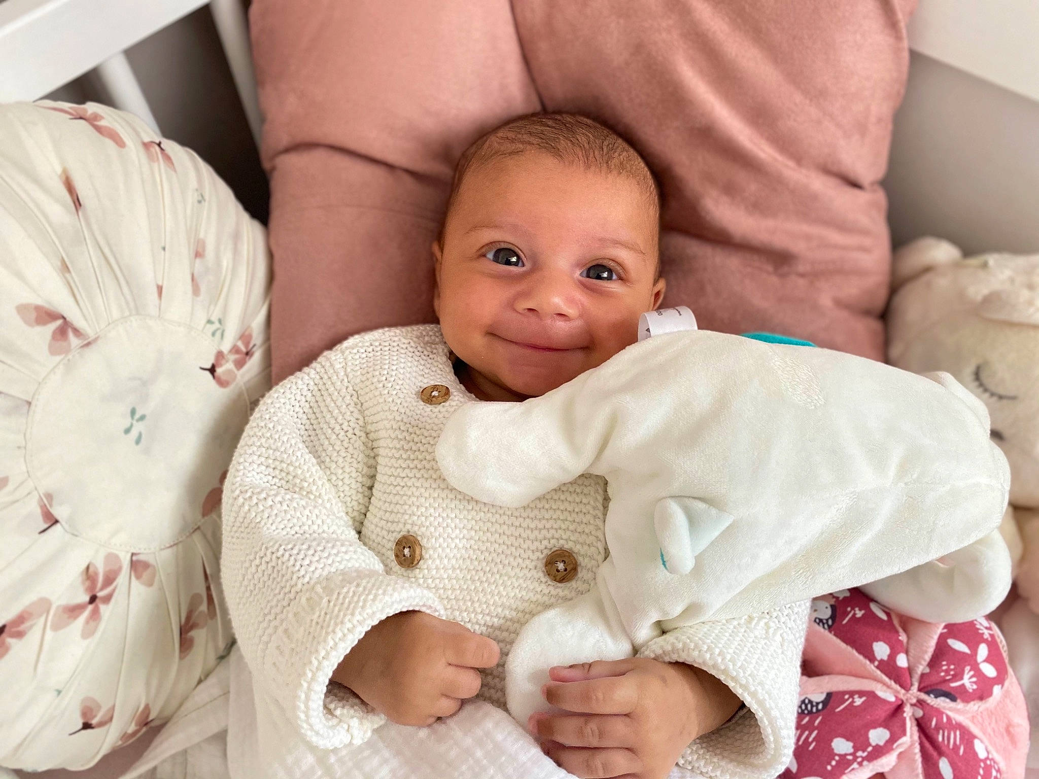 Naïa participe au concours pour gagner de l'argent avec cette photo : baby, baby_products, baby_safety, baby_sleeping, baby_toddler_clothing, bedding, cheek, child, comfort, eye, head, joy, linens, person, pink, product, room, skin, sleeve, smile