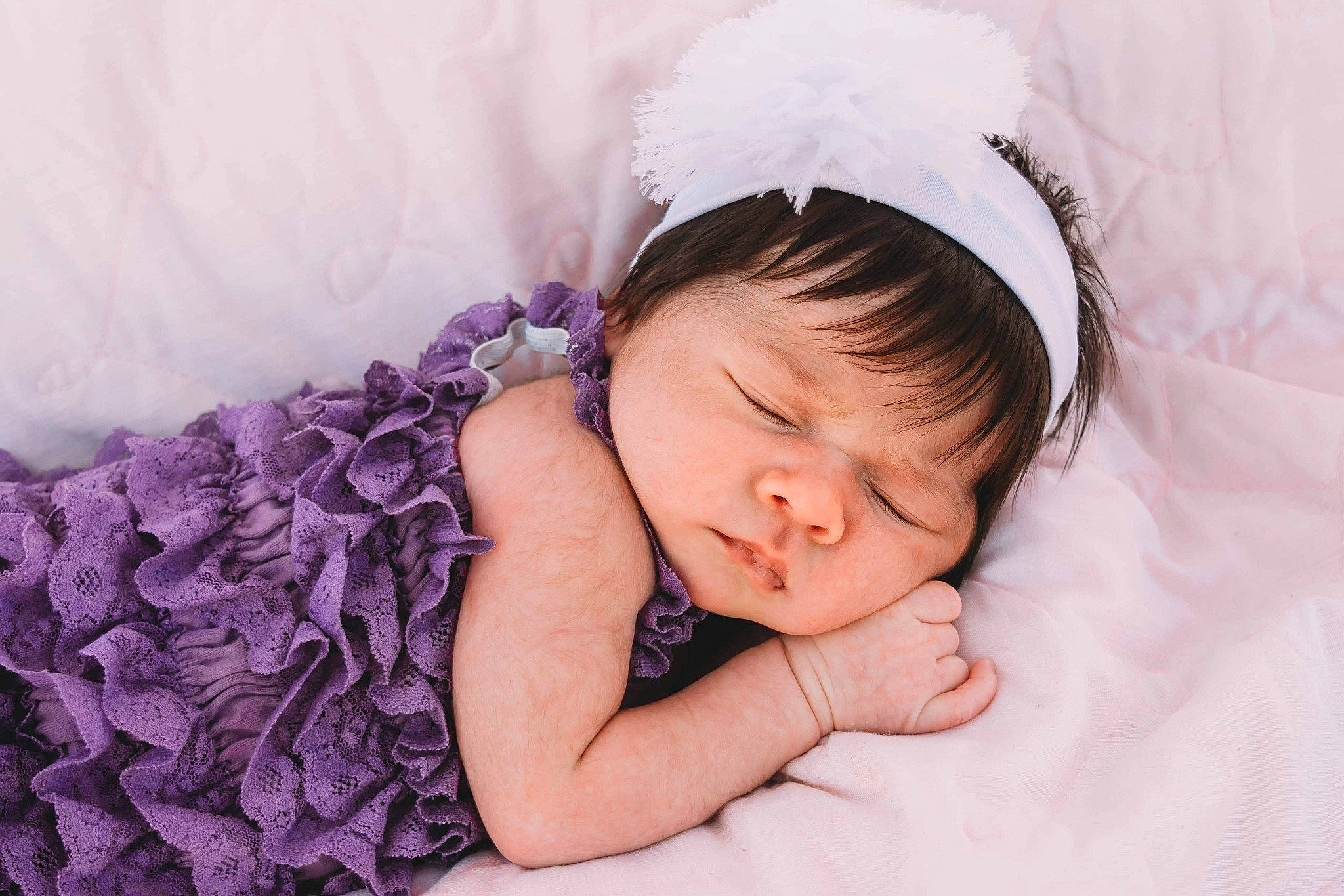 Khalia is registered to the contest to win money with this photo: baby, baby_sleeping, beauty, bedtime, cheek, child, eye, hair_accessory, headband, headgear, headpiece, lavender, person, photograph, photography, pink, purple, skin, sleep, textile