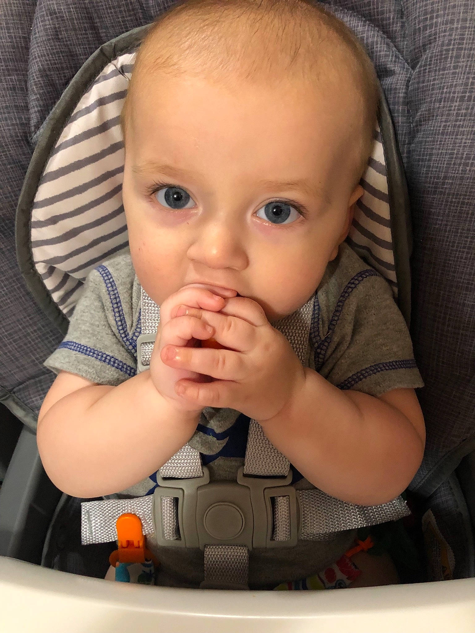 Alistair is registered to the contest to win money with this photo: baby, baby_in_car_seat, cheek, child, chin, eye, face, finger, forehead, head, lip, mouth, nose, person, skin, thumb, toddler