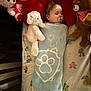 Emelia is registered to the contest to win money with this photo: baby, sleeping, blanket, stuffed_animals, teddy_bear, elephant_toy, crib, pacifier, child, bed, pillow, soft_toys, blue_blanket, pink_bear, brown_bear, cute, infant, nursery, cozy, sleep