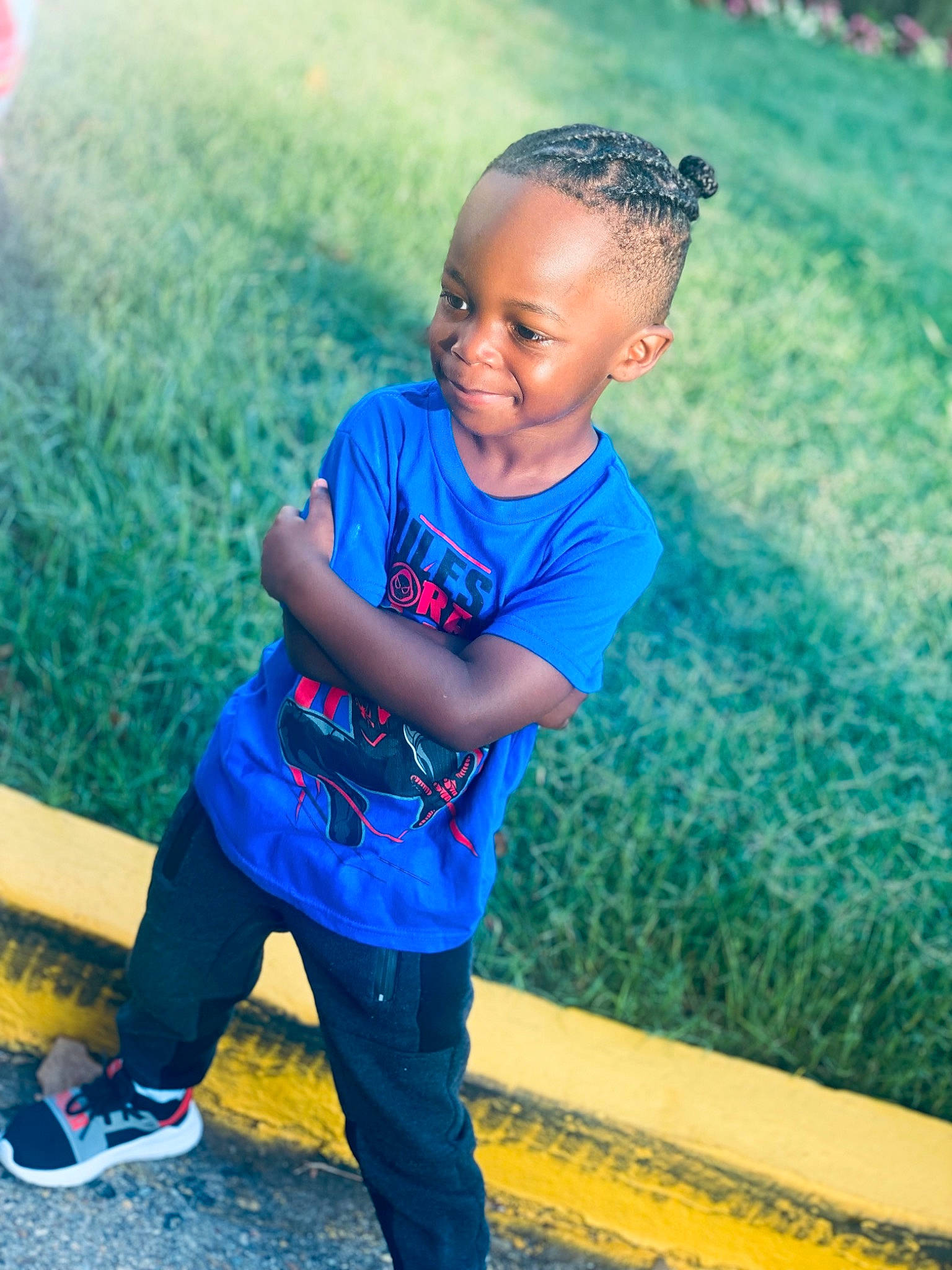 Kyng joined the competition — help win amazing prizes! blue, cool, electric_blue, facial_expression, flash_photography, fun, grass, happy, joy, leisure, mammal, people_in_nature, person, recreation, smile, sportswear, standing, street_fashion, t_shirt, toddler