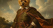 Nouky participe au concours pour gagner de l'argent avec cette photo : dog, terrier, canine, portrait, costume, historical_costume, nobleman, swashbuckler, cape, sword, gloves, belt, buckle, outdoor, landscape, clouds, sky, dramatic_lighting, painting, fantasy