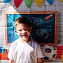Manelyo participe au concours pour gagner de l'argent avec cette photo : child, boy, smiling, white_shirt, backdrop, chalkboard, pencils, soccer_ball, colorful, indoor, portrait, happy, sunlight, shadow, education, celebration, party_flags, short_hair, standing, casual