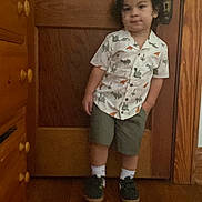 Dareck Portales is registered to the contest to win money with this photo: toddler, child, standing, shirt, dinosaur_print, shorts, socks, shoes, wooden_floor, wooden_door, dresser, indoor, smile, curly_hair, casual_pose, home, door_handle, young_child, portrait, cute