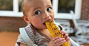 Marty is registered to the contest to win money with this photo: toddler, child, corn, grilled_corn, high_chair, outdoor, food, eating, baby, face, expression, summer, window, patio, furniture, clothing, striped_shirt, hands, closeup, portrait