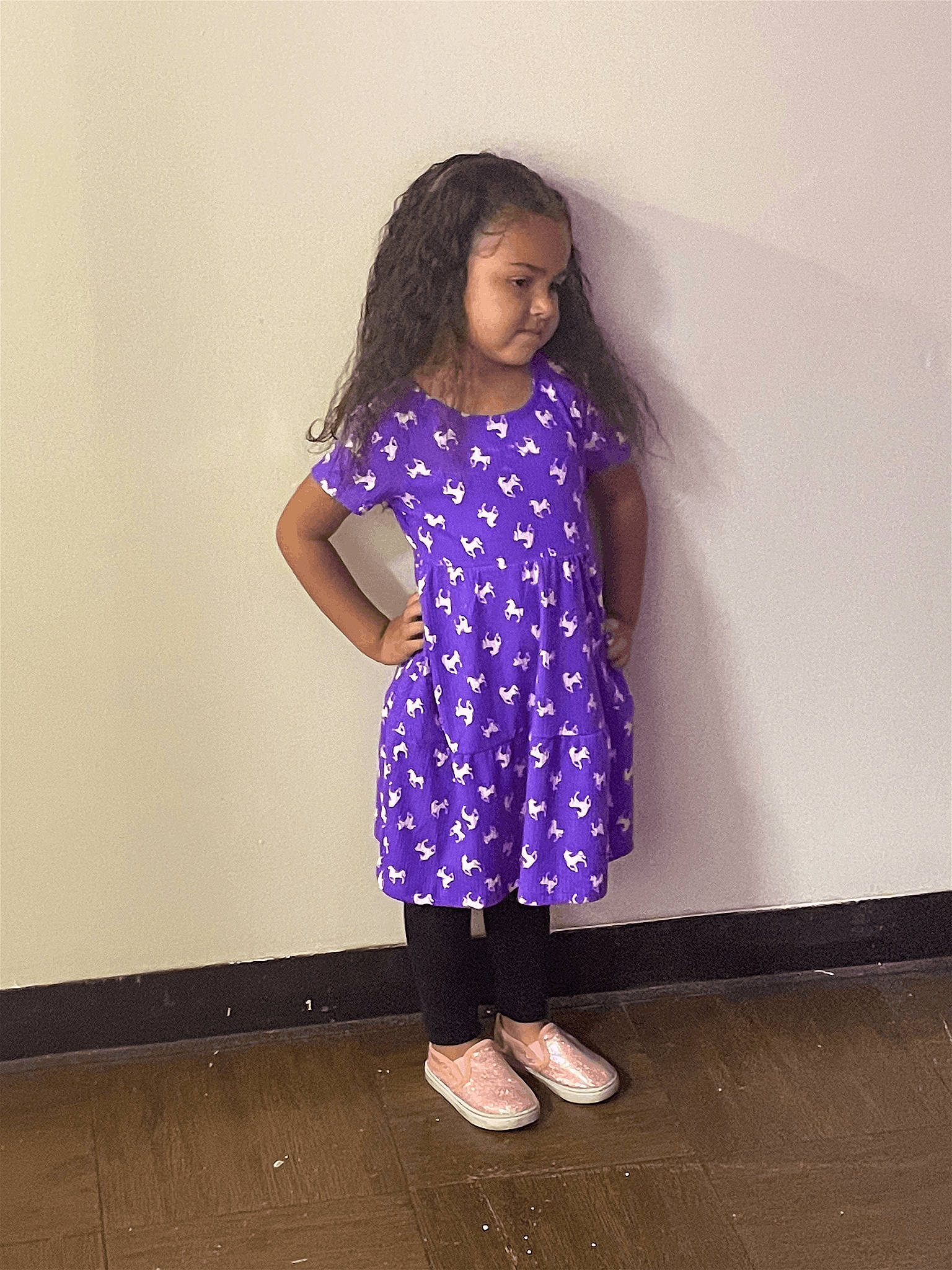 Imara joined the competition — help win amazing prizes! child, denim, electric_blue, fashion_accessory, fashion_design, flooring, fun, human_leg, knee, leg, long_hair, magenta, one_piece_garment, pattern, person, purple, sleeve, thigh, toddler, waist