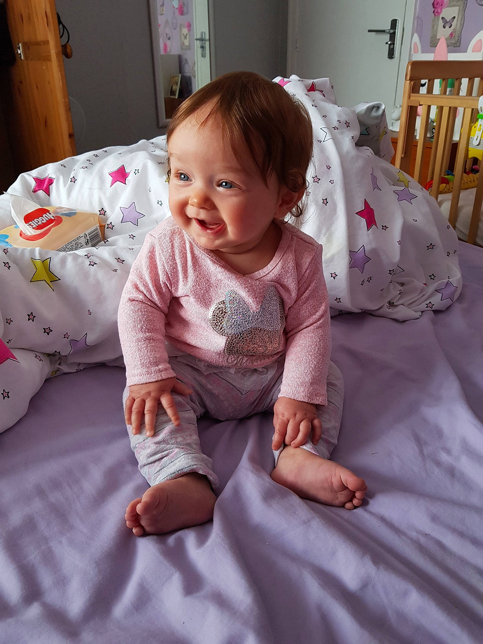 Emily-rose joined the competition — help win amazing prizes! baby, bed_sheet, bedding, cheek, child, furniture, joy, linens, person, pink, play, room, sitting, skin, smile, textile, toddler