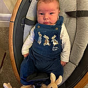 Albert joined the competition — help win amazing prizes! baby, baby_seat, blue_overall, bunny_slippers, carpet, carrying_strap, child, clothing, cushion, cute, face, footwear, indoor, infant, newborn, peter_rabbit, portrait, stuffed_slippers, white_long_sleeve, wooden_frame