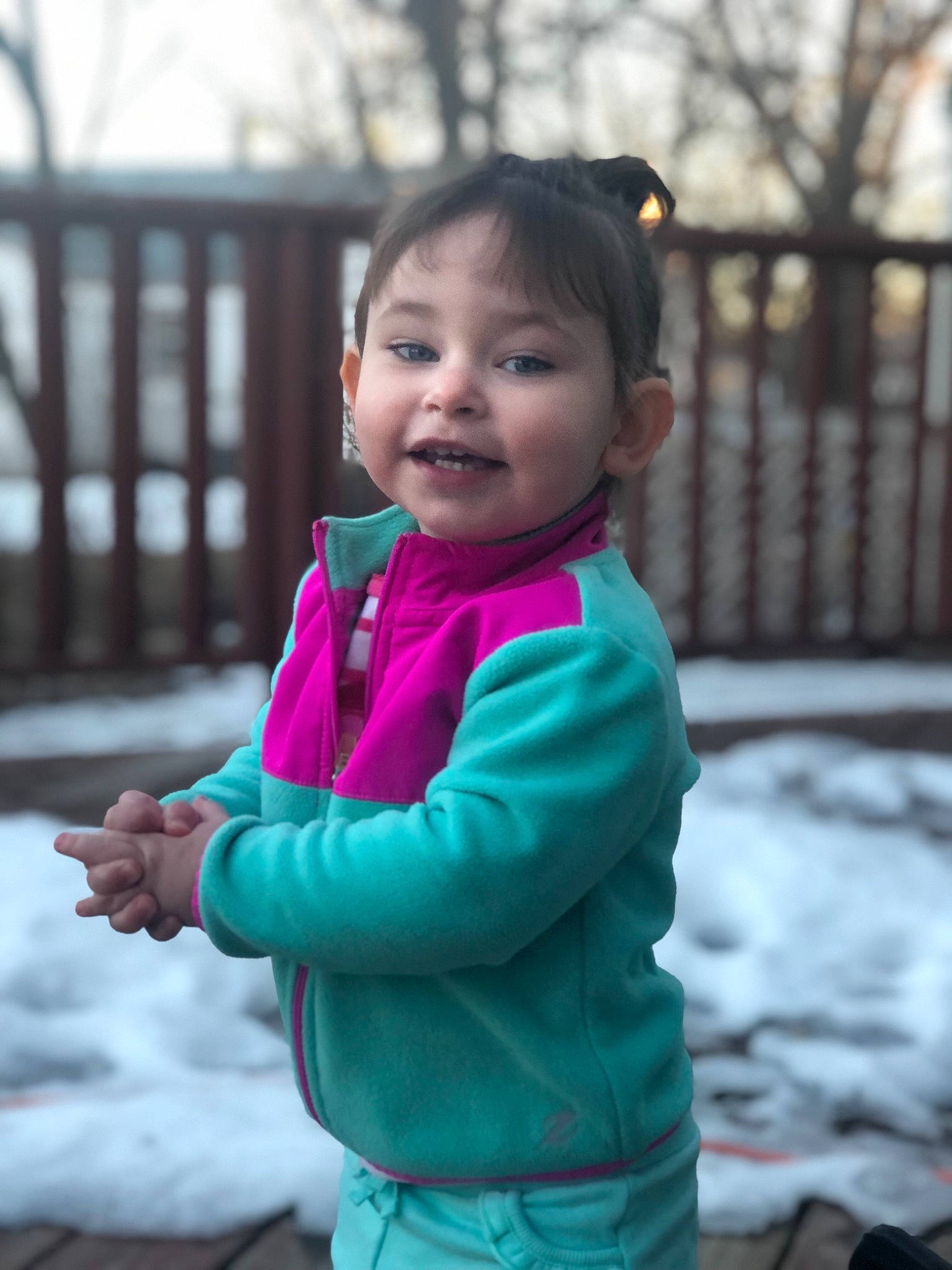 Elle is registered to the contest to win money with this photo: baby, beauty, cheek, child, face, happy, people, person, pink, play, skin, smile, snow, toddler, winter