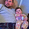 Kaylie is registered to the contest to win money with this photo: man, baby, bottle, couch, indoor, window, blinds, pajamas, floral_pattern, beard, facial_hair, relaxing, family, parent, child, casual_clothing, plaid, gray_shirt, blue_eyes, home