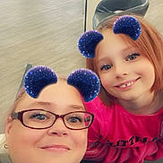 Gabriella joined the competition — help win amazing prizes! woman, child, selfie, smile, glasses, indoor, floor, chairs, filter, bear_ears, happy, casual_clothing, red_hair, glitter, face, portrait, people, fun, technology, digital_effect