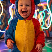 Davina is registered to the contest to win money with this photo: toddler, child, smiling, colorful_clothing, onesie, hooded_outfit, indoor, neon_lights, bright_colors, happy, portrait, playful, costume, face, person, fun, vibrant, cute, joyful, fashion