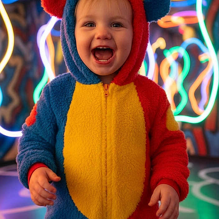 Davina is registered to the contest to win money with this photo: bright_colors, child, colorful_clothing, costume, cute, face, fashion, fun, happy, hooded_outfit, indoor, joyful, neon_lights, onesie, person, playful, portrait, smiling, toddler, vibrant