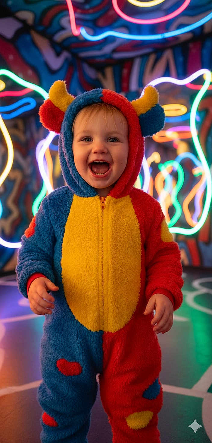 Davina is registered to the contest to win money with this photo: toddler, child, smiling, colorful_clothing, onesie, hooded_outfit, indoor, neon_lights, bright_colors, happy, portrait, playful, costume, face, person, fun, vibrant, cute, joyful, fashion