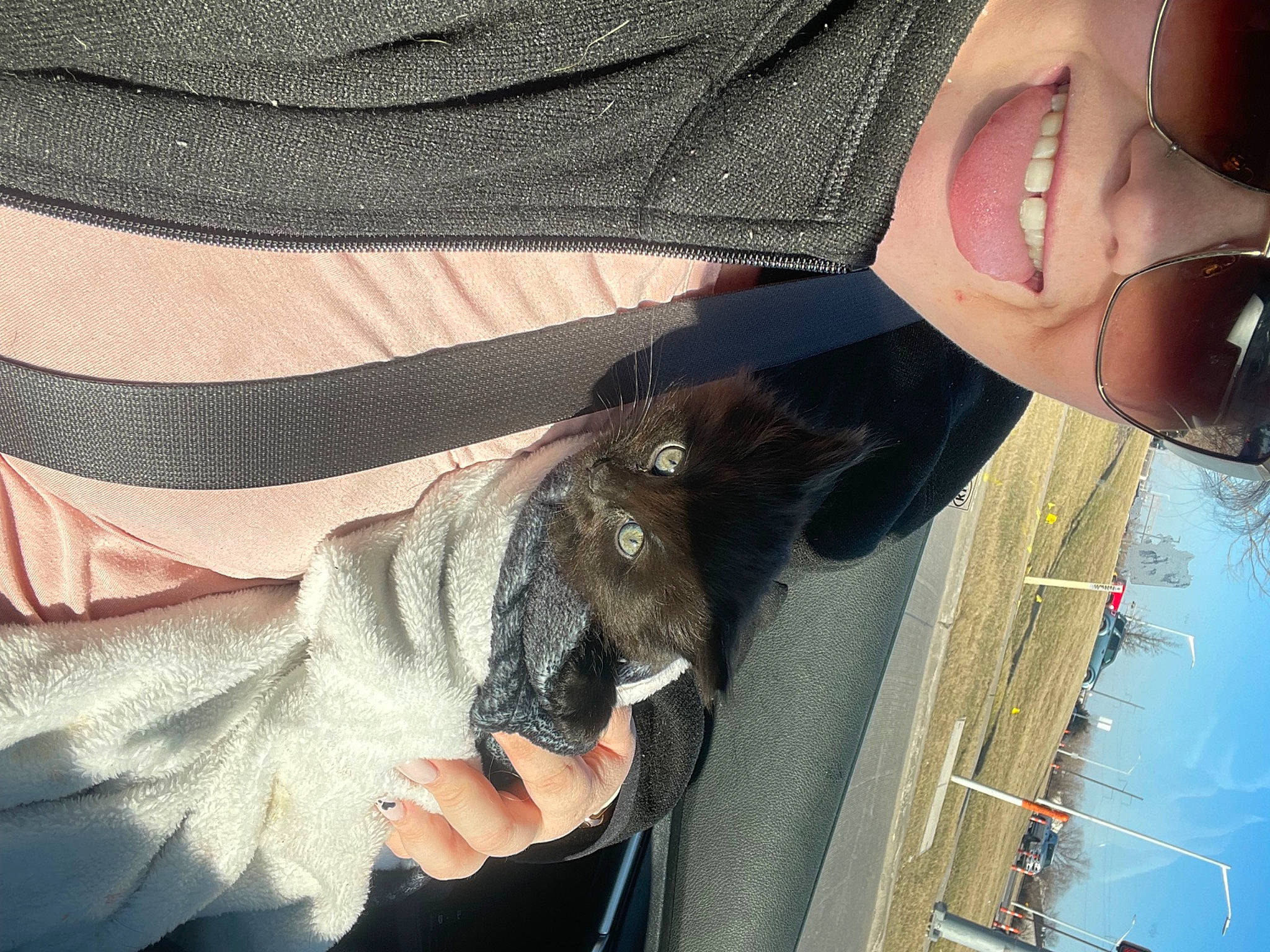 Jane is registered to the contest to win money with this photo: companion_dog, dog_breed, eyewear, fashion_accessory, fawn, felidae, fun, fur, gesture, glasses, grey, pattern, selfie, skin, sleeve, small_to_medium_sized_cats, smile, sporting_group, sunglasses, vision_care