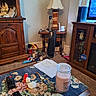 animal, calico_cat, candle, carpet, cat, cat_toys, coffee_table, floral_tablecloth, furniture, heater, home_decor, indoors, lamp, living_room, pet, relaxed, remote_control, sitting, television, wooden_cabinet