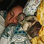 person, dog, sleeping, blanket, bed, cozy, face, closed_eyes, comfort, rest, indoor, cute, pet, snuggling, warm, soft, animal, human, relaxation, companion