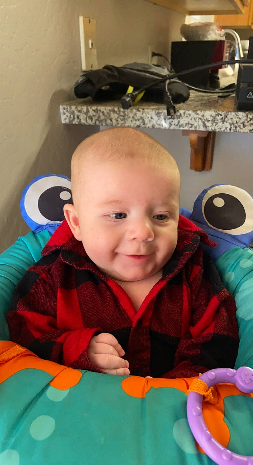 Kayce joined the competition — help win amazing prizes! audio_equipment, baby, baby_products, baby_toddler_clothing, baby_toys, cheek, child, flooring, fun, happy, iris, nose, orange, person, play, product, room, sitting, skin, smile