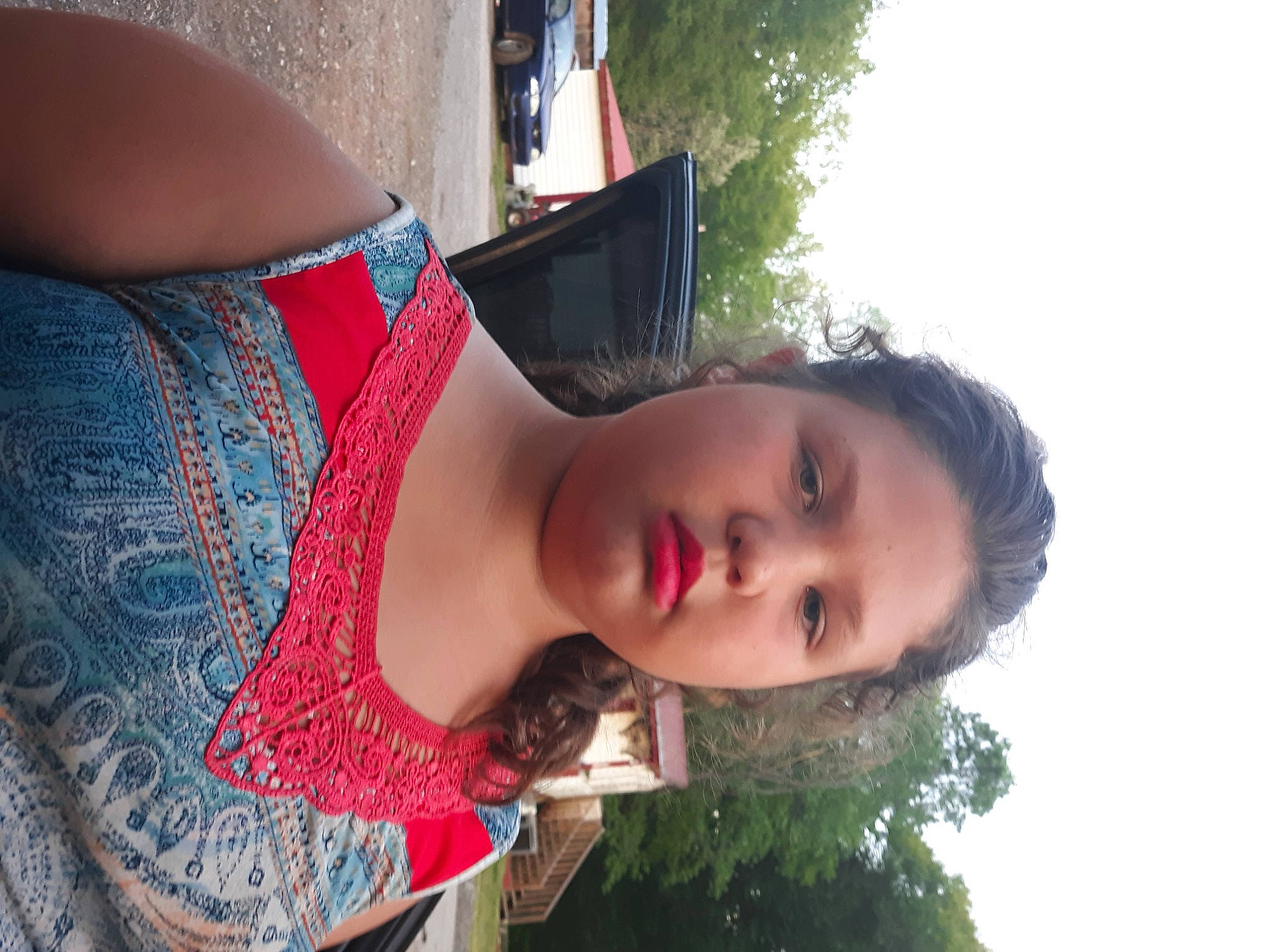 Aliona is registered to the contest to win money with this photo: abdomen, arm, black_hair, cool, elbow, eyelash, eyewear, grass, happy, human_leg, joint, lip, long_hair, neck, person, plant, sky, tree, trunk, waist