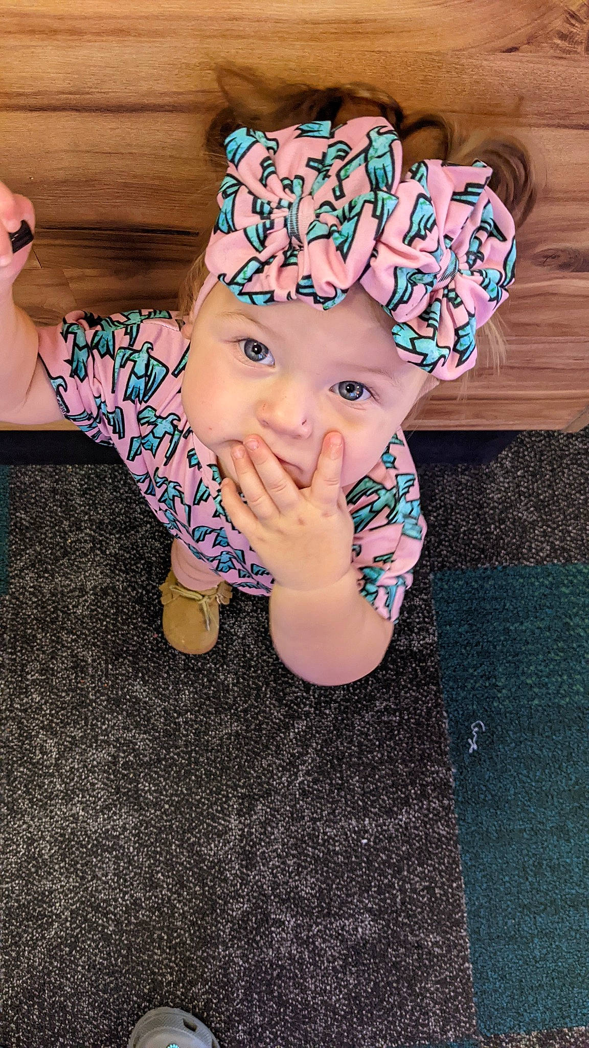Kaisley joined the competition — help win amazing prizes! baby, baby_toddler_clothing, cap, child, cool, costume_hat, fashion_accessory, finger, flash_photography, fun, gesture, hair_accessory, happy, hat, headpiece, headwear, pattern, person, pink, sitting
