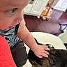 Brady is registered to the contest to win money with this photo: animal, arm, baby, blurred_background, cabinet, cat, child, curious, face, floor, hand, home, indoor, interaction, kitchen, person, pet, red_fabric, tabby_cat, table