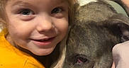 Delilah joined the competition — help win amazing prizes! animal, bed, bedding, blanket, brown_hair, child, closeup, companion, cuddle, dog, family, girl, happy, hugging, indoor, pet, pillow, portrait, smiling, yellow_shirt