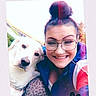 Jaxxon joined the competition — help win amazing prizes! animal, bun_hairstyle, casual, closeup, daylight, dog, face, friendship, glasses, happy, jacket, leopard_print, nature, outdoor, person, pet, portrait, smiling, white_dog, woman