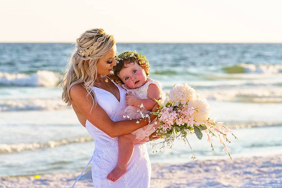 Tillie joined the competition — help win amazing prizes! beach, bridal_clothing, bride, clothing, dress, flash_photography, flower, fun, gesture, gown, happy, interaction, people_in_nature, people_on_beach, person, sky, smile, summer, sunlight, water