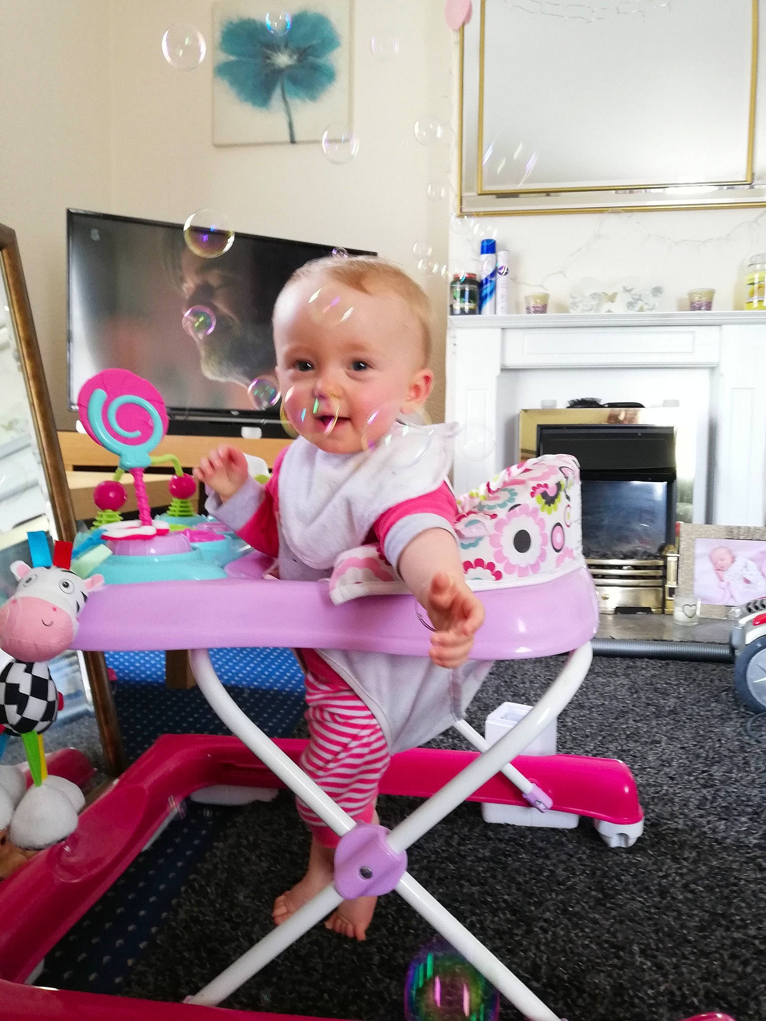 Harlie joined the competition — help win amazing prizes! baby, chair, child, furniture, person, pink, play, product, room, sitting, table, toddler, toy