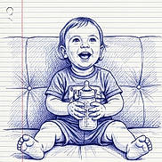 Cameron joined the competition — help win amazing prizes! baby, blue_ink, bottle, child, clothing, cushion, drawing, feet, hand_drawn, happy, illustration, infant, lined_paper, notebook, pen_art, portrait, sitting, sketch, smiling, toy