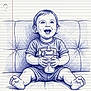baby, blue_ink, bottle, child, clothing, cushion, drawing, feet, hand_drawn, happy, illustration, infant, lined_paper, notebook, pen_art, portrait, sitting, sketch, smiling, toy