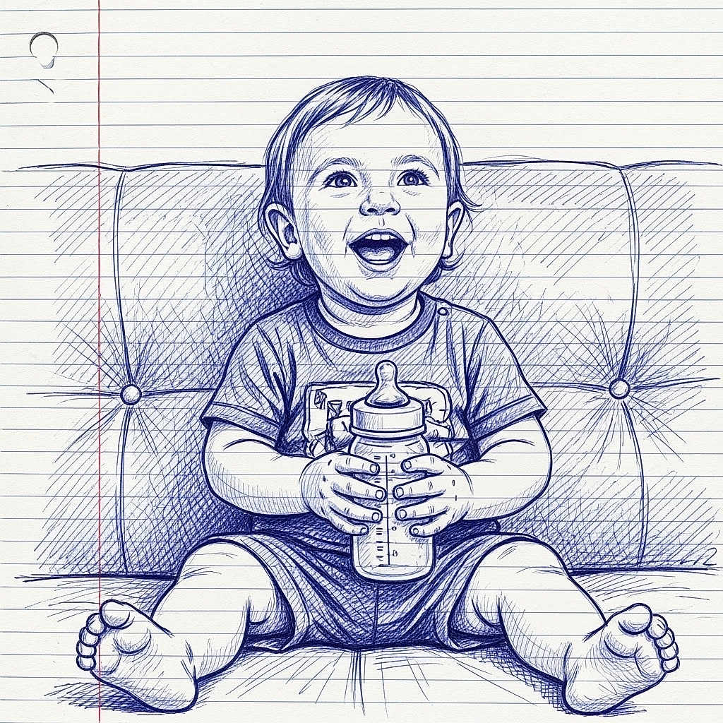 Cameron joined the competition — help win amazing prizes! baby, blue_ink, bottle, child, clothing, cushion, drawing, feet, hand_drawn, happy, illustration, infant, lined_paper, notebook, pen_art, portrait, sitting, sketch, smiling, toy