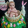 baby, bunny_ears, basket, easter_eggs, plastic_carrots, stuffed_bunny, green_grass, holiday, celebration, child, cute, decorations, festive, smiling, indoor, portrait, toy, colorful, diaper, face
